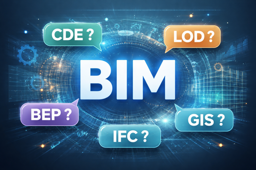 BIM acronyms graphic showing CDE, LOD, BEP, IFC and GIS around BIM